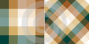 Buffalo check plaid pattern for autumn winter in beige, gold, brown, green. Seamless herringbone tartan set for scarf, blanket, fl