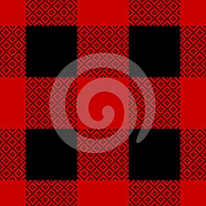 Buffalo check plaid pattern in black and red. Decorative seamless pixel art background graphic for flannel shirt, gift paper.