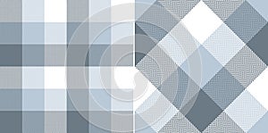 Buffalo check plaid pattern in blue, grey, white. Seamless herringbone textured mosaic tartan set for spring autumn winter scarf.