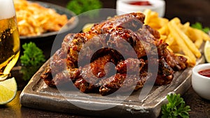 Buffalo chicken wings with beer, french fries on wooden board. fast food