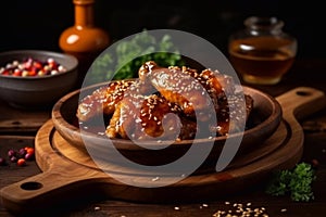 Buffalo chicken wings with sesame seeds on a wooden board. Generative AI