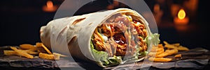 Buffalo Chicken Wrap On Stone, Blurred Background, Rustic Pub