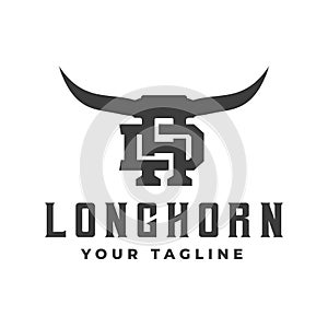 Buffalo Head Horn, Bull, cow, vintage Texas restaurant longhorn logo. letter D.H. Vintage farm company logo photo