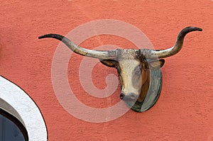 Buffalo head trophies on facade of a house, Kitzbuhel, Austria