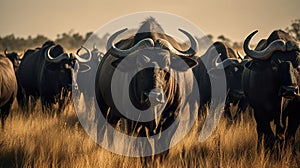 Buffalo Herd In The Savannah Runs In The Direction Of The Camera - Generative AI