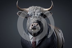 Buffalo wearing glasses and wearing a formal suit. ai generative