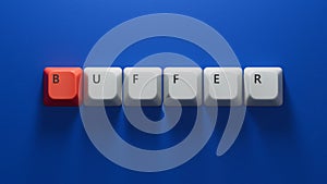 buffer.Computer keyboard keys spelling.Flat lay view from above on blue background