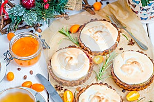 Buffet Brunch Food Eating Festive Cafe Dining Concept, Meringue Tartlets in the Restaurant, Christmas Menu photo