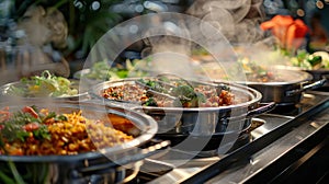 buffet catering services, steam rising from chafing dishes, offering a variety of hot dishes at a buffet dinner, perfect