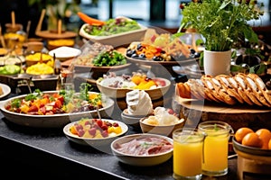 Buffet delicious plate healthy dish table restaurant food cheese lunch meat meal dinner