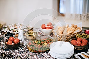 Buffet with different gourmet Traditional appetizers for wedding party