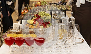Buffet festive table with wine and snacks. Catering for business meetings, events and celebrations