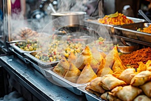 A Buffet Filled With a Variety of Delectable Food Options, Vibrant street food scene from an Indian market, with chaat and samosas