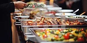 buffet food indoor in the restaurant meat colorful fruits and vegetables catering a group of people at a resort on a cruise