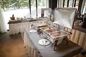 Buffet heated trays ready for service.Breakfast/lunch at the hotel.