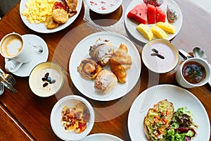 Buffet hotel breakfast served with fresh food on table