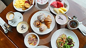 Buffet hotel breakfast served with fresh food on table