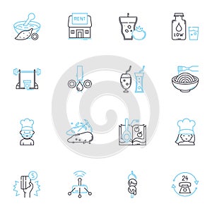 Buffet meals linear icons set. Feast, Spread, All-you-can-eat, Bountiful, Plentiful, Abundance, Buffet line vector and