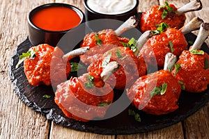 Buffet menu of Lollipops deep-fried red chicken wings served with sauces close-up on a slate board. horizontal