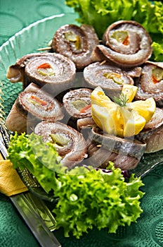 Buffet platter with herring rolls