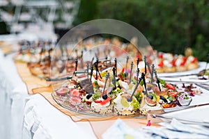 The buffet at the reception. Assortment of canapes on a table. Banquet service. Catering food, snacks with different types of