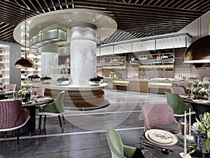 Buffet restaurant design in a modern style with counters and different food on the tables