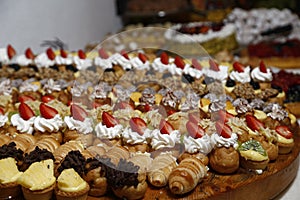 Buffet with sweets. fruits and other sweets on dessert table. Rows of tasty looking desserts in beautiful arrangements. Sweets on