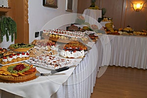 Buffet with sweets. fruits and other sweets on dessert table. Rows of tasty looking desserts in beautiful arrangements. Sweets on