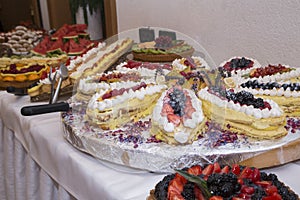 Buffet with sweets. fruits and other sweets on dessert table. Rows of tasty looking desserts in beautiful arrangements. Sweets on