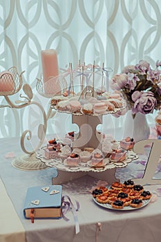 Buffet of sweets at the wedding table