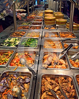 Buffet table with chinese food options