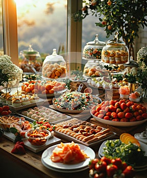 Buffet table with delicious assortment of fresh fruit cakes sandwiches and salads