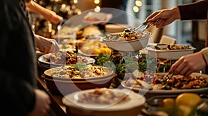 Buffet Table with People Serving Themselves Food