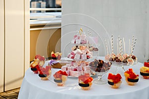 Buffet table with sweets and fruits