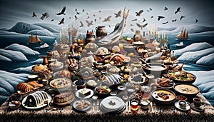A buffet table with a variety of food from Greenlandic cuisine
