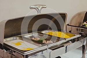 Buffet trays with a various breakfast hotel meals