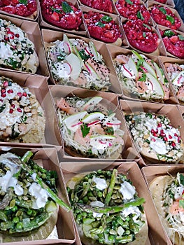 Buffet of vegetable and fruit tartlets.