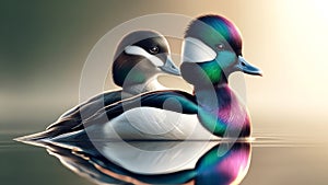 Bufflehead Ducks Colorful Multi-colored Plumage Swimming Marsh Waterfowl Springtime Morning Sunrise AI Generated