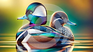 Bufflehead Ducks Colorful Multi-colored Plumage Swimming Marsh Waterfowl Springtime Morning Sunrise AI Generated