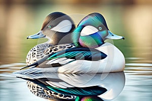 Bufflehead Ducks Colorful Multi-colored Plumage Swimming Marsh Waterfowl Springtime Morning Sunrise AI Generated