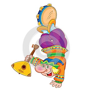 Buffoon entertains the audience, stands on one hand in the other hand holds a balalaika and taps a tambourine with his feet,