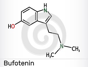 Bufotenin, 5-HO-DMT, bufotenine molecule. It is alkaloid, tryptamine derivative, hallucinogenic serotonin analog, found in toad