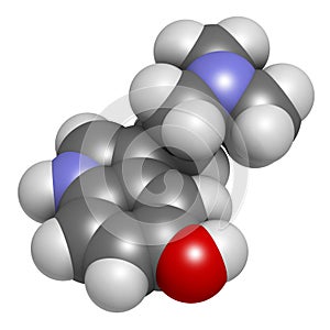 Bufotenin molecule. Tryptamine present in several psychedelic toads. 3D rendering. Atoms are represented as spheres with