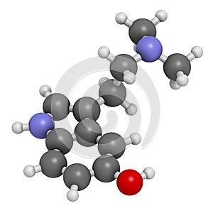 Bufotenin molecule. Tryptamine present in several psychedelic toads. 3D rendering. Atoms are represented as spheres with