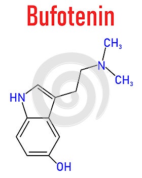 Bufotenin molecule. Tryptamine present in several psychedelic toads. Skeletal formula.