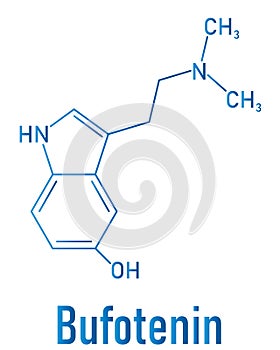 Bufotenin molecule. Tryptamine present in several psychedelic toads. Skeletal formula. photo