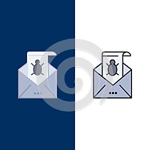 Bug, Emails, Email, Malware, Spam, Threat, Virus  Icons. Flat and Line Filled Icon Set Vector Blue Background