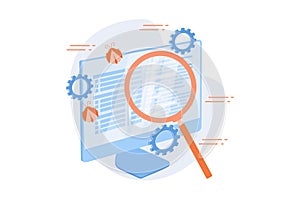 Bug fixing and software testing. Computer virus searching tool. Devops, web optimization, antivirus app. Magnifier, cogwheel and