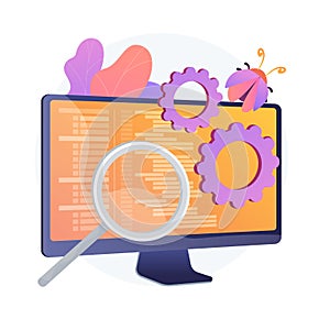 Bug fixing and software testing. Computer virus searching tool. Devops, web optimization, antivirus app. Magnifier, cogwheel and m