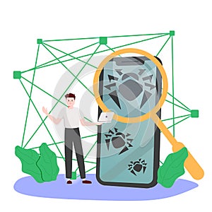 Bug fixing vector illustration. Programming corrupt errors flat tiny persons concept. IT software or